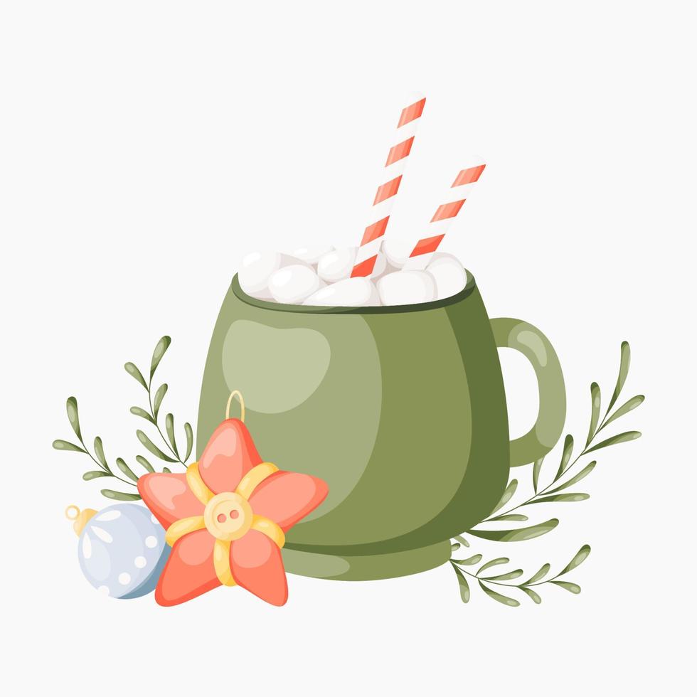 tasse de noël et bonne année. adorable tasse avec des boissons chaudes, une canne en bonbon, une guimauve. illustration pour la conception de cartes de voeux, affiches, autocollants, menu. vecteur