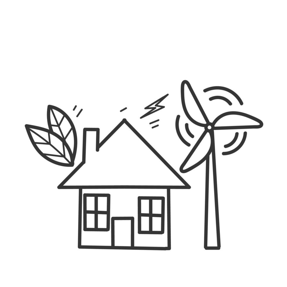 maison écologique doodle dessiné à la main avec illustration d'éolienne vecteur