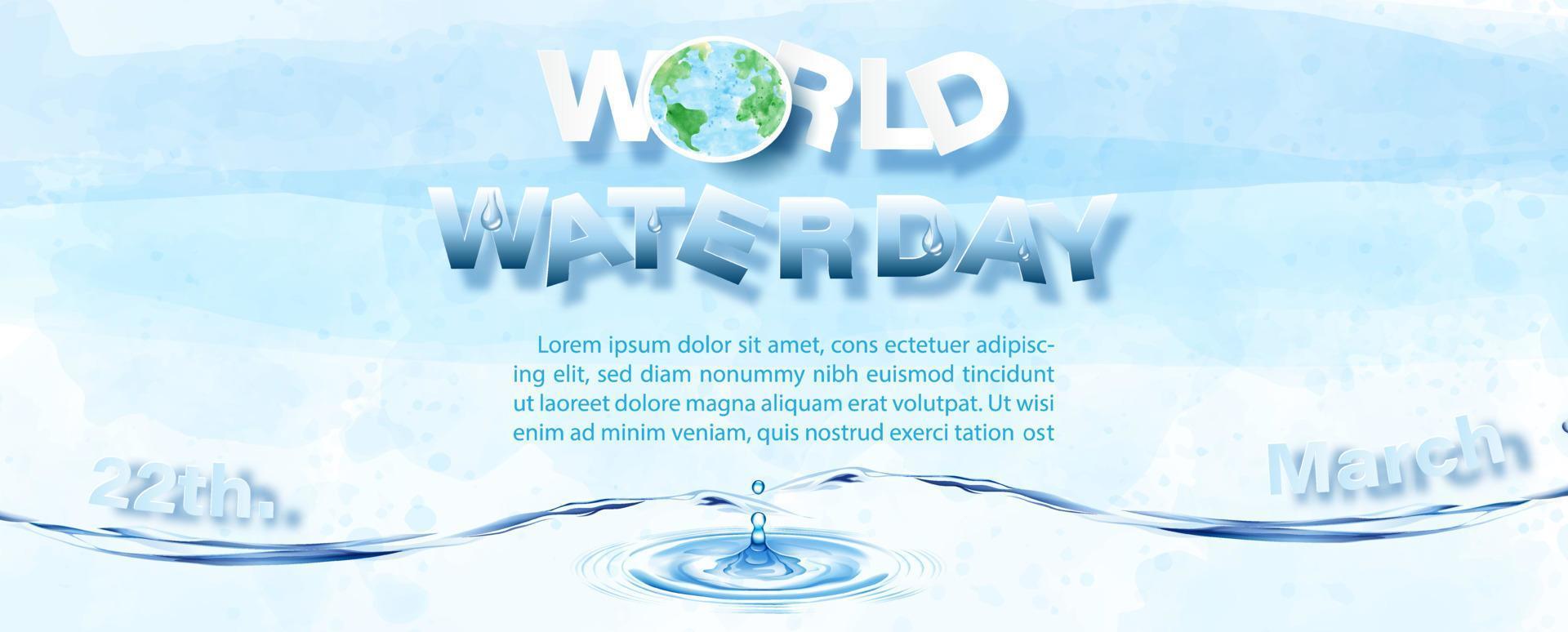 journée mondiale de l'eau dans un style papier découpé et exemple de texte sur l'ombre de réflexion de la goutte d'eau et fond aquarelle bleu. campagne d'affiches de la journée mondiale de l'eau en conception vectorielle. vecteur