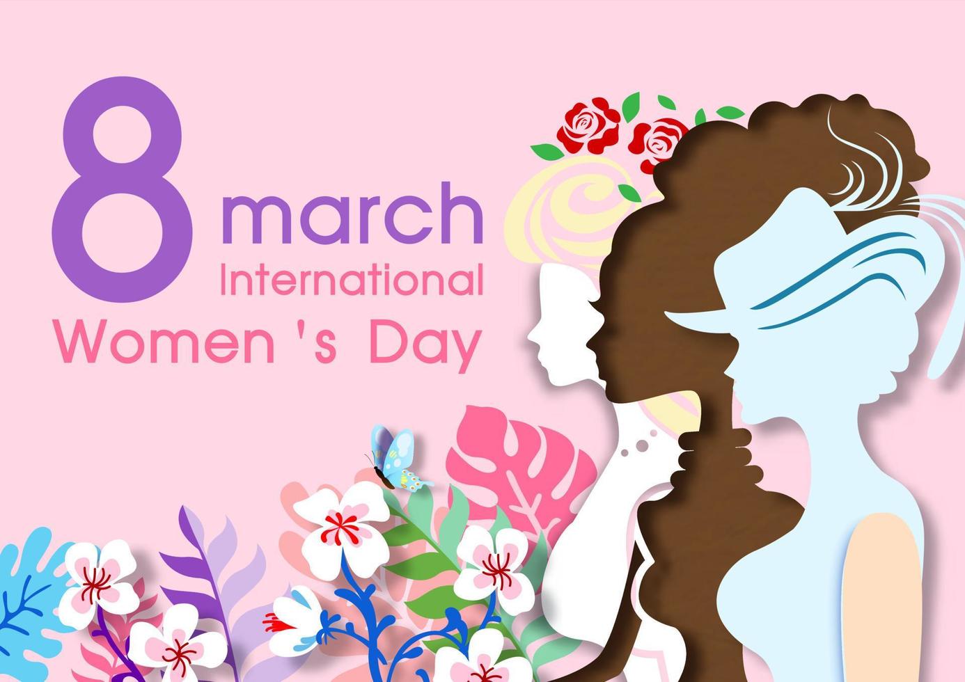 groupe de femmes avec des fleurs en papier découpé et le jour, nom de l'événement isoler sur fond rose. carte et affiche de la journée internationale de la femme en dessin vectoriel. vecteur
