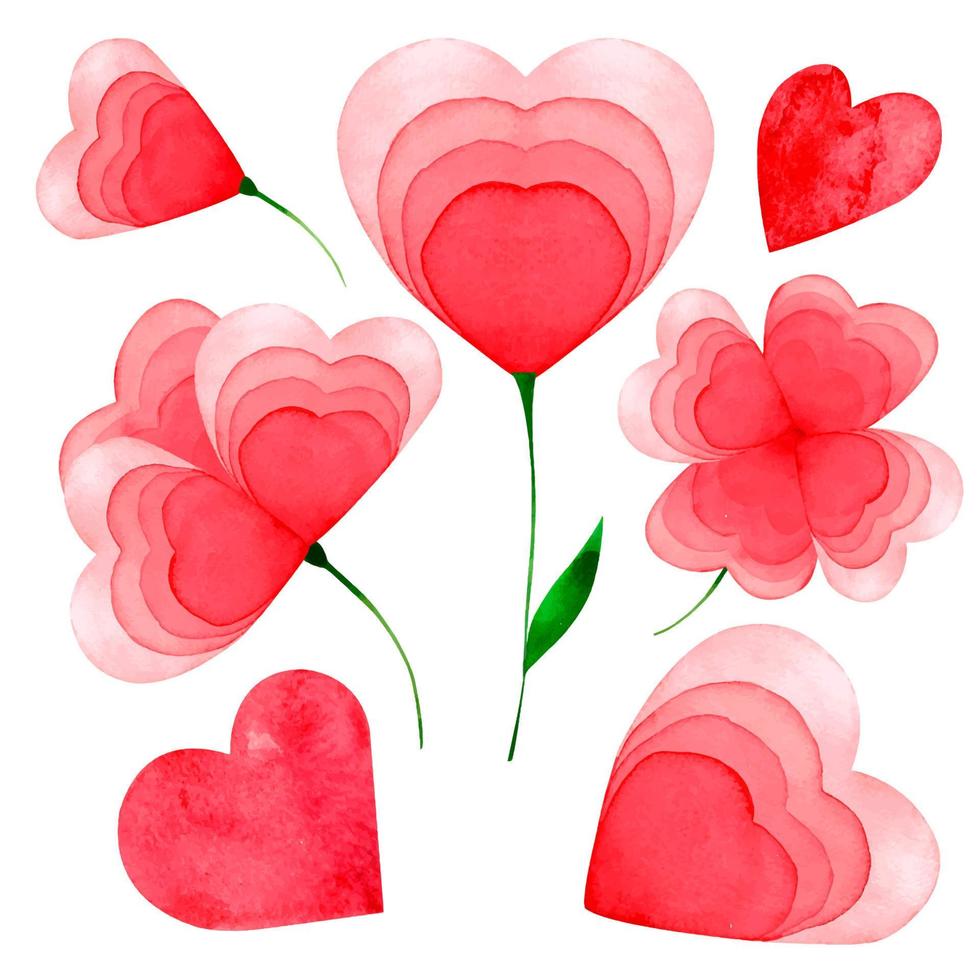 ensemble de fleurs d'amour coeur peint aquarelle rouge isolé vecteur