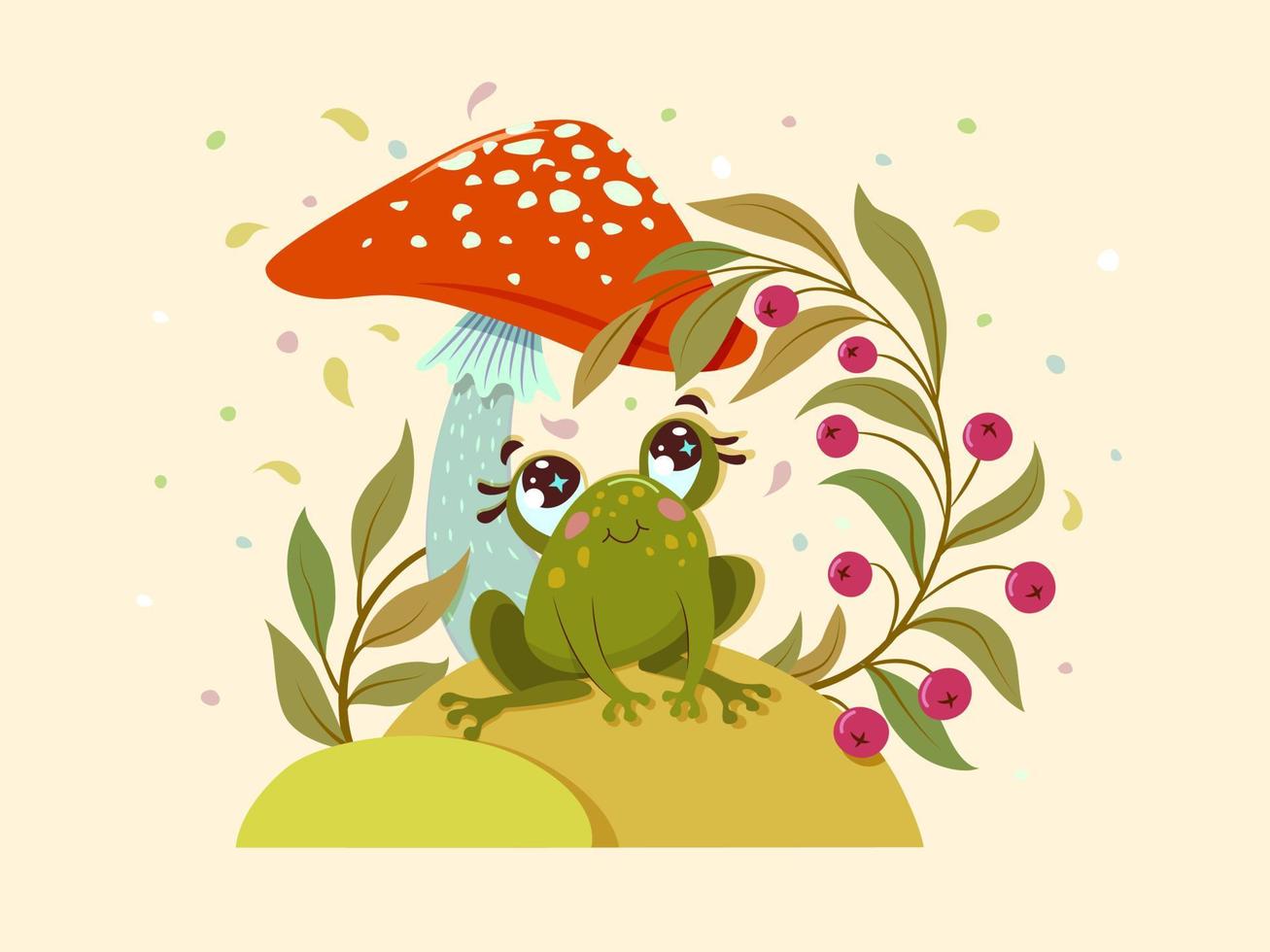 une jolie grenouille est assise sous un champignon amanite et regarde un brin de canneberges. illustration vectorielle. vecteur