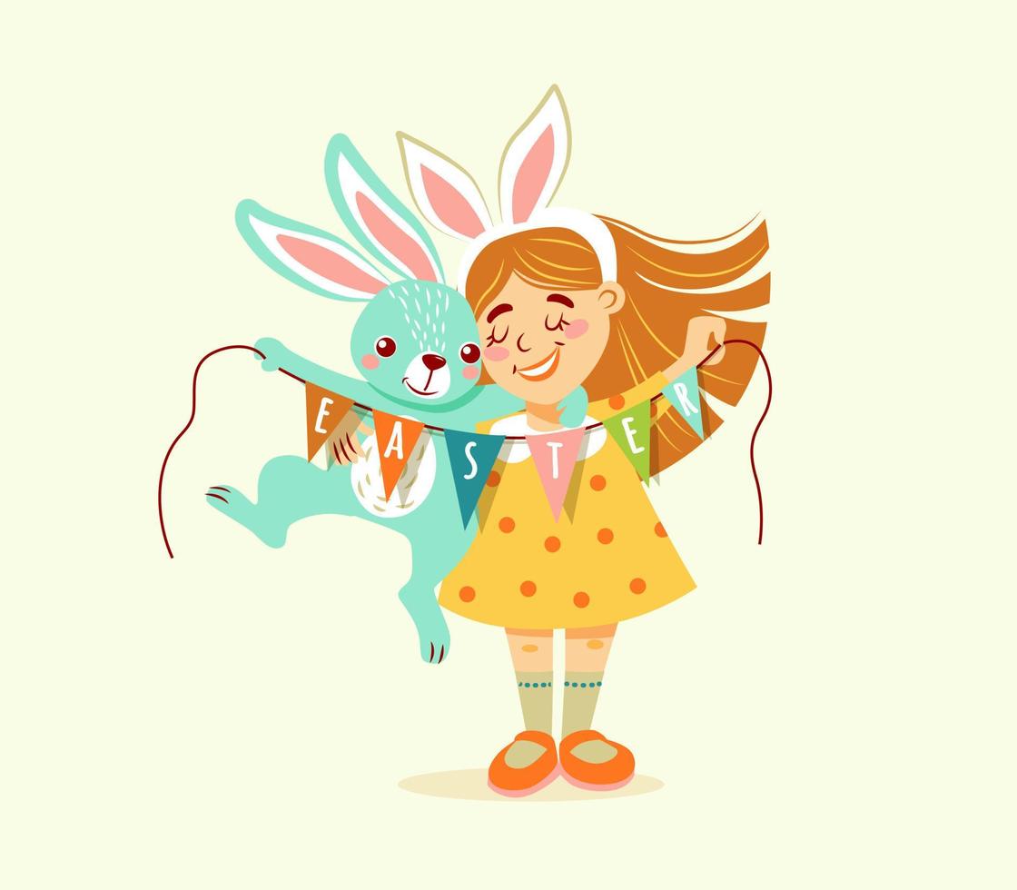 une fille avec une décoration sur la tête - avec des oreilles de lapin, tient un lapin et de la terre avec des drapeaux avec l'inscription - pâques. vecteur