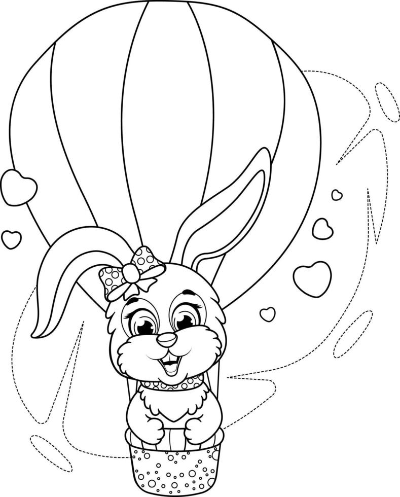 coloriage. lapin romantique avec coeurs et aérostat vecteur