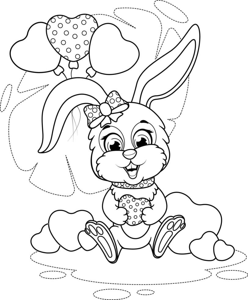 coloriage. lapin mignon avec des coeurs et des ballons vecteur