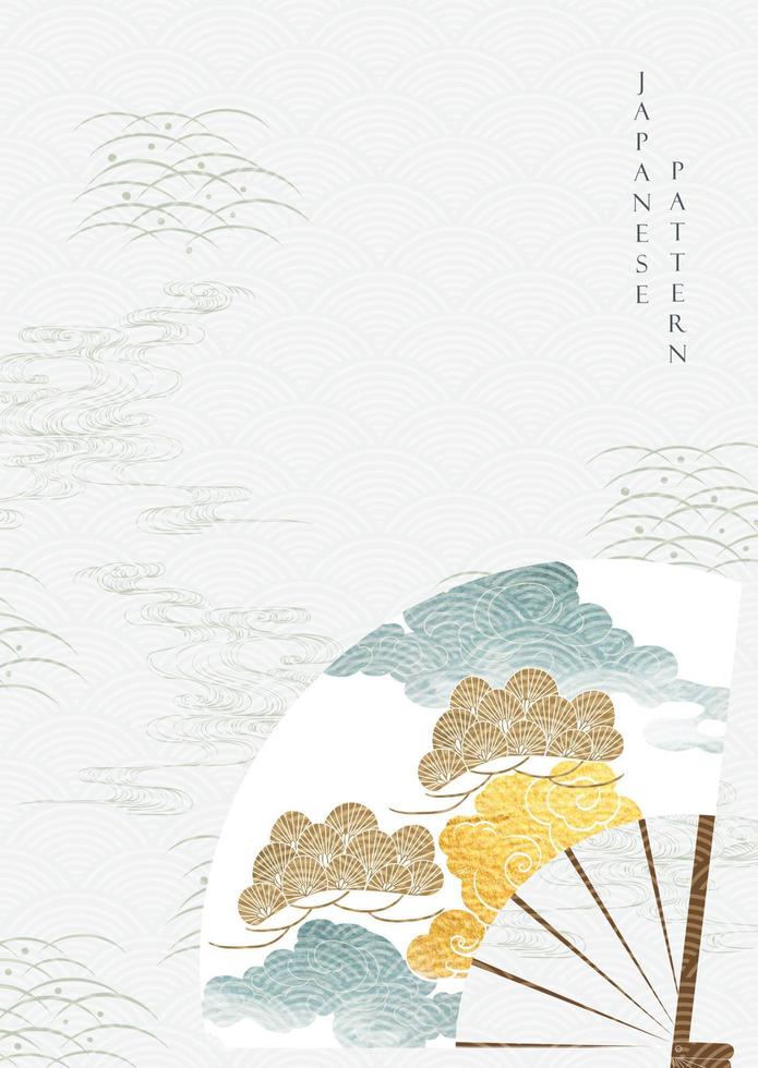 fond chinois avec bambou doré et vecteur de motif d'onde dessiné à la main. conception de modèle oriental avec élément de ventilateur.