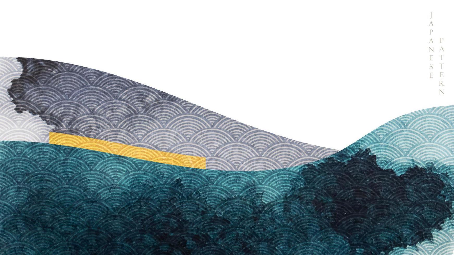 fond d'art abstrait avec vecteur de texture aquarelle. paysage de montagne avec motif de vague japonaise avec bannière d'éléments de mer océanique dans un style vintage.