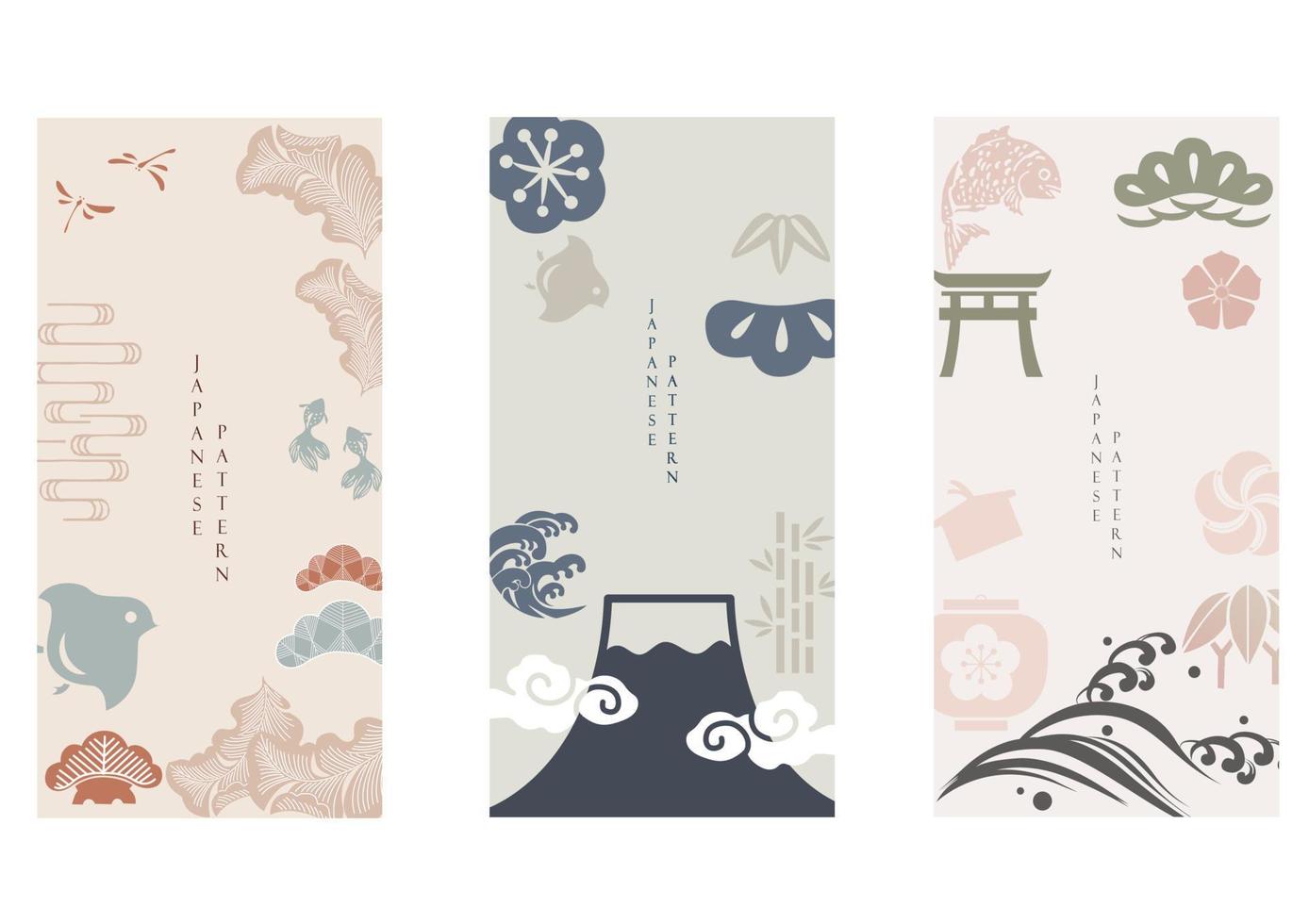 fond japonais avec icône de tradition asiatique et vecteur de symbole. élément de montagne fuji avec modèle et conception de bannière. conception de cartes dans un style vintage.