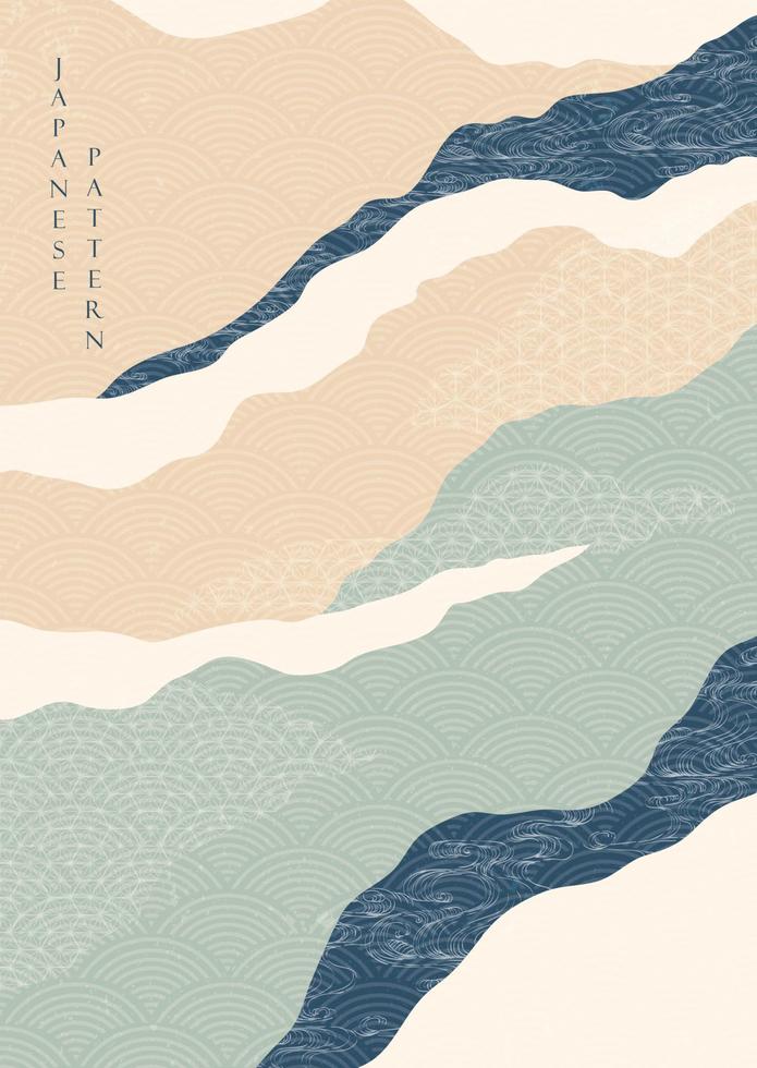 fond de paysage abstrait avec vecteur de motif géométrique. élément de vague japonais avec conception de bannière d'art de forêt de montagne dans un style vintage.