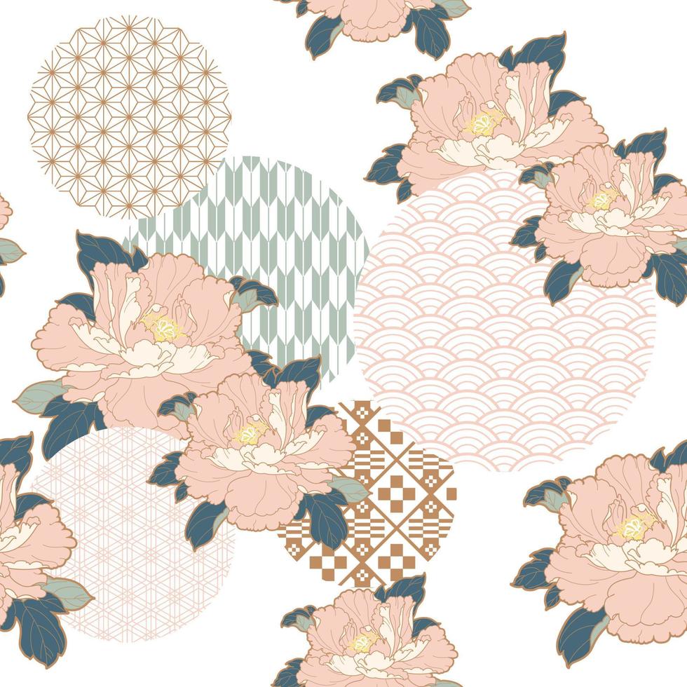 motif japonais avec vecteur de forme de cercle. fleur de pivoine et motif géométrique de style vintage. illustration d'art abstrait.