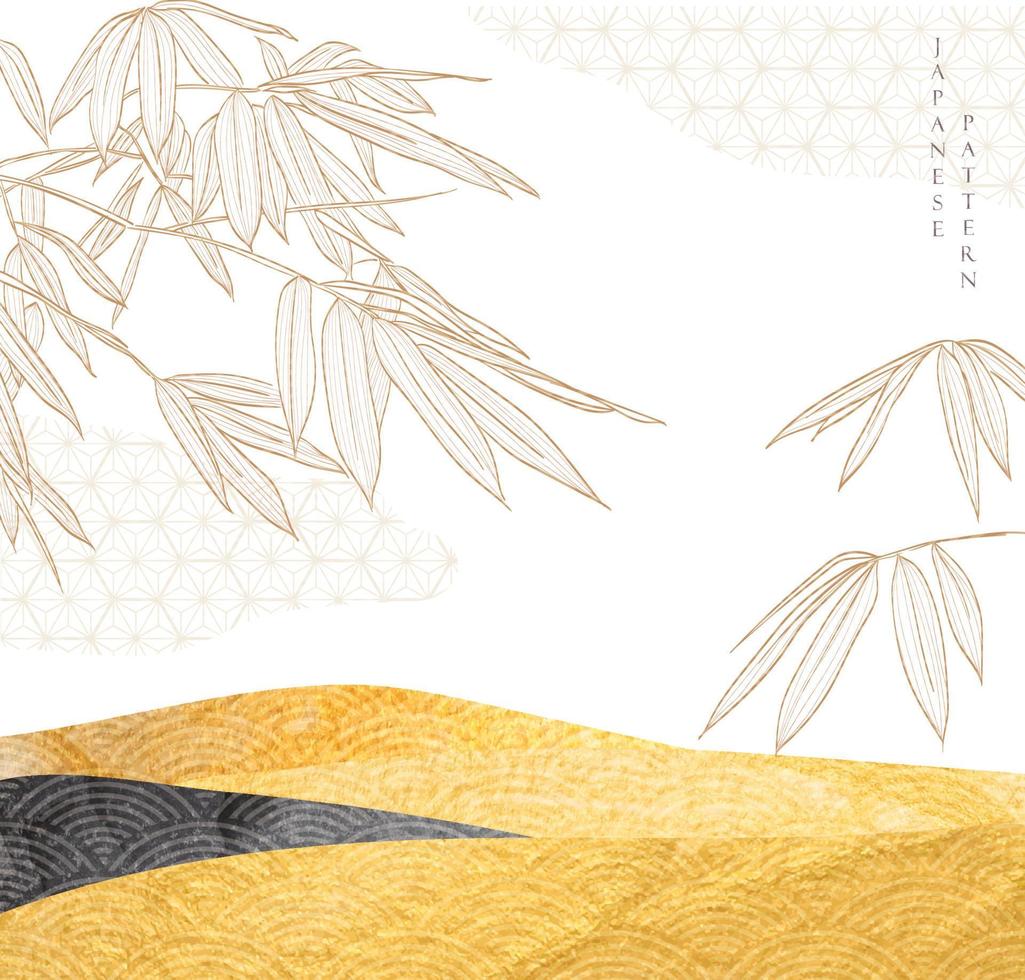 fond japonais avec vecteur d'éléments de ligne de feuilles de bambou. naturel dessiné à la main avec une texture de feuille d'or dans un style vintage. conception de bannière de paysage abstrait.
