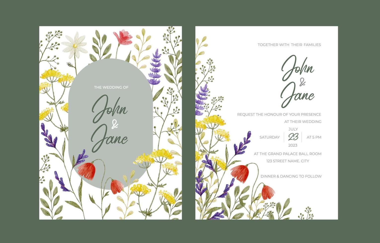 invitation de mariage de fleurs sauvages aquarelle vecteur