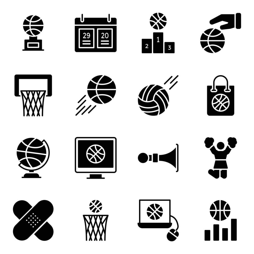 pack d'icônes vectorielles de glyphe de jeu de basket-ball vecteur
