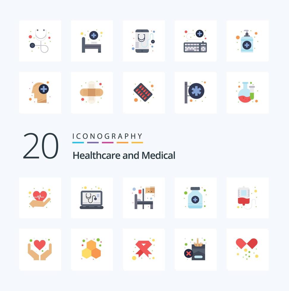pack de 20 icônes de couleur plate médicale comme le don de sang hôpital médecine sirop vecteur
