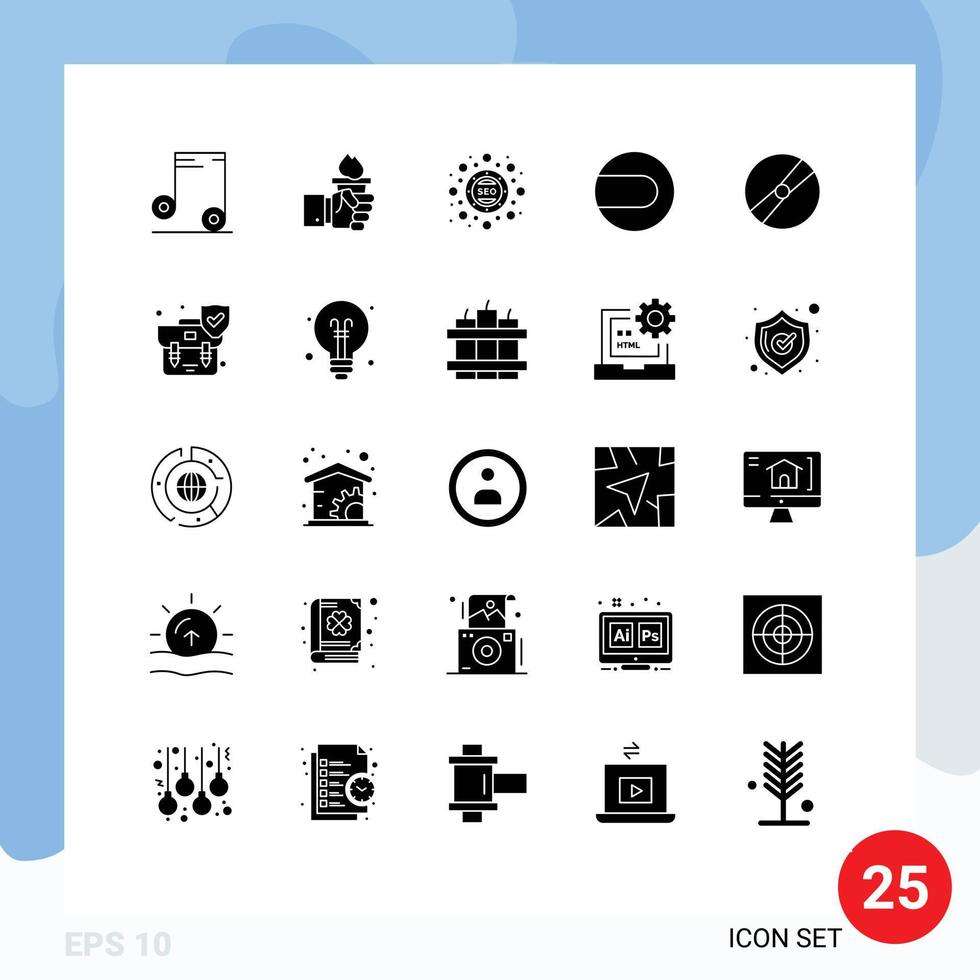 pack de 25 signes et symboles de glyphes solides modernes pour les supports d'impression Web tels que le cinéma cinéma marketing ballon de sport éléments de conception vectoriels modifiables vecteur