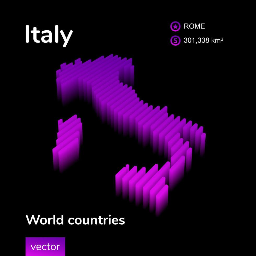 carte 3d de l'italie. carte vectorielle à rayures isométriques numériques néon stylisées de l'italie dans les couleurs violettes et roses sur fond noir. vecteur