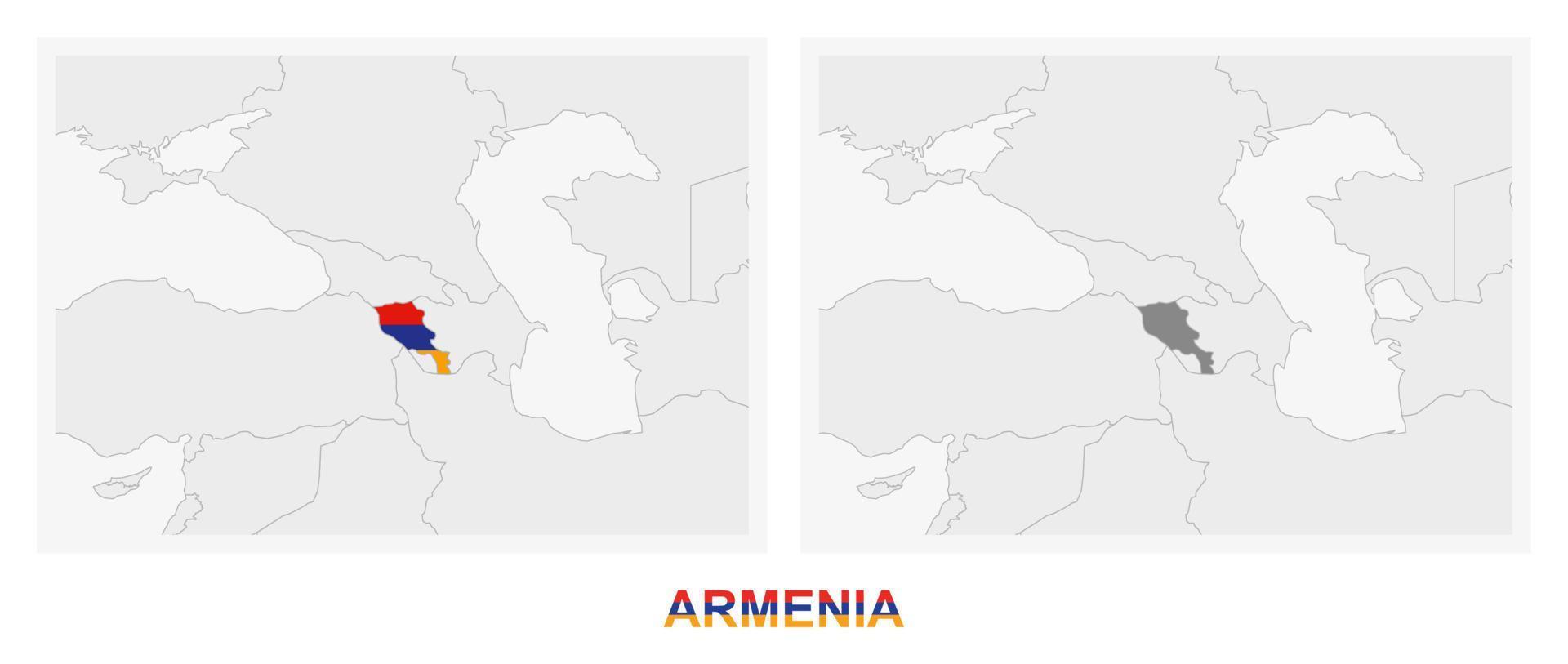 deux versions de la carte de l'arménie, avec le drapeau de l'arménie et surlignées en gris foncé. vecteur