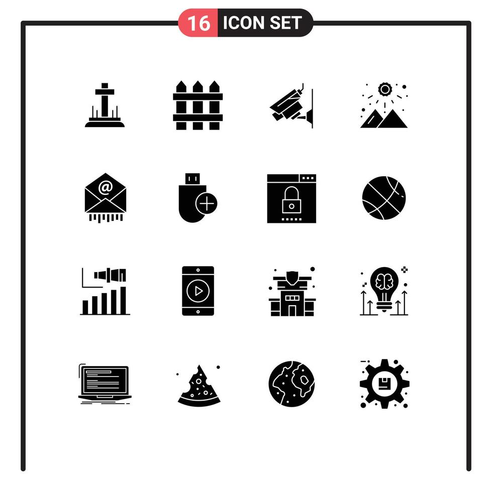 ensemble moderne de 16 glyphes et symboles solides tels que les éléments de conception vectoriels modifiables du lever du soleil de la caméra de montagne du courrier vecteur