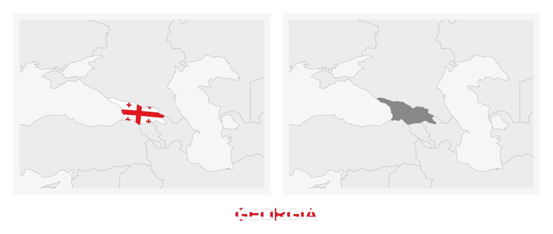 deux versions de la carte de la géorgie, avec le drapeau de la géorgie et surlignées en gris foncé. vecteur