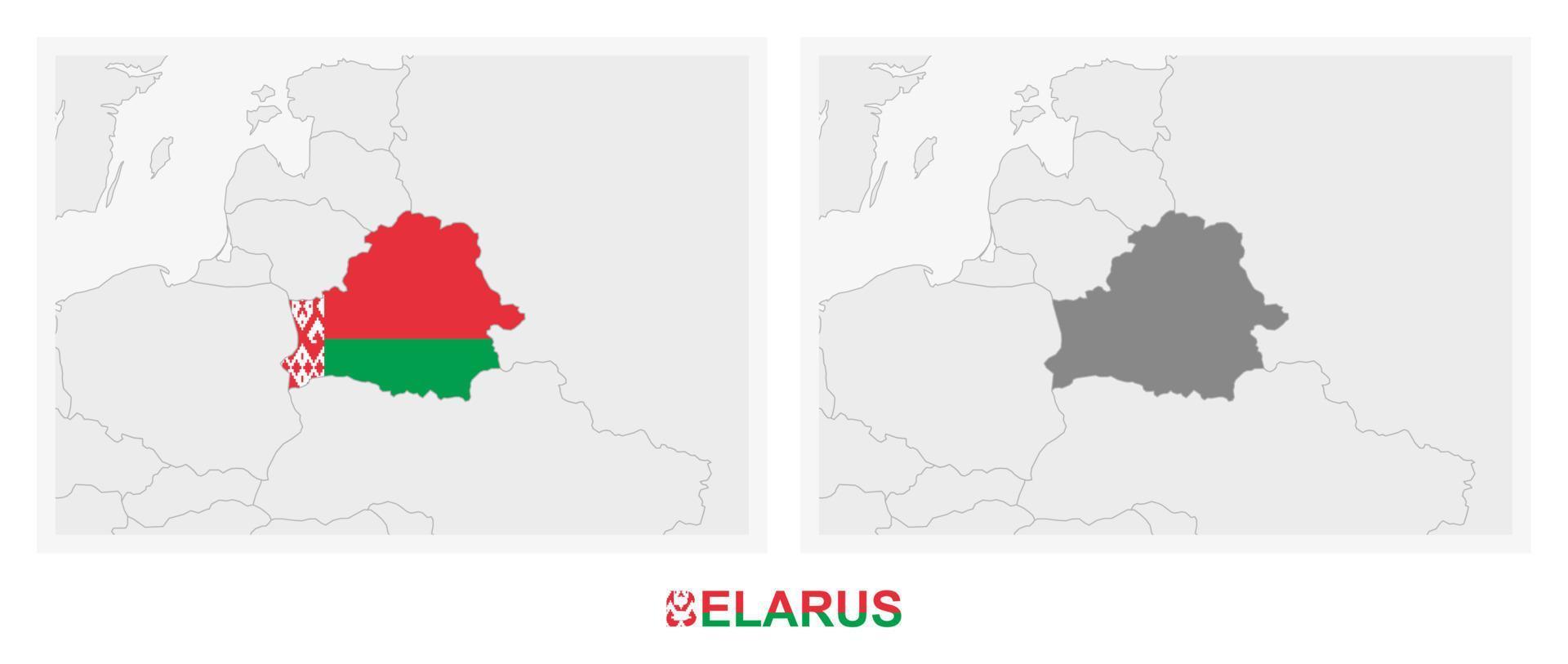 deux versions de la carte de la biélorussie, avec le drapeau de la biélorussie et surlignées en gris foncé. vecteur