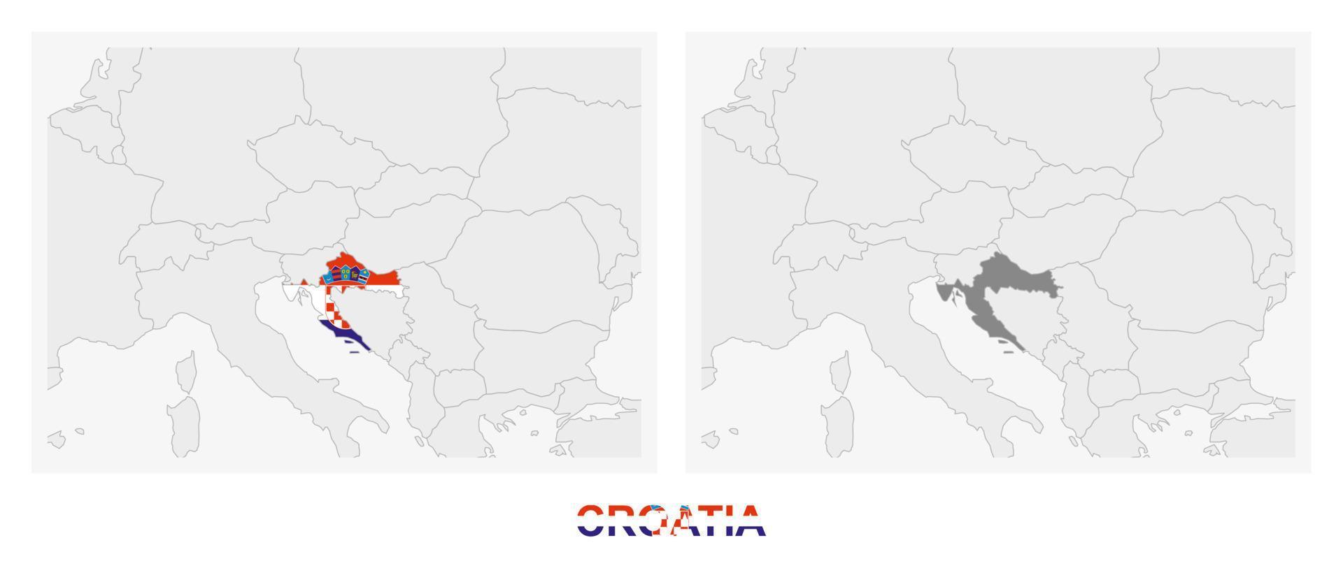 deux versions de la carte de la croatie, avec le drapeau de la croatie et surlignées en gris foncé. vecteur