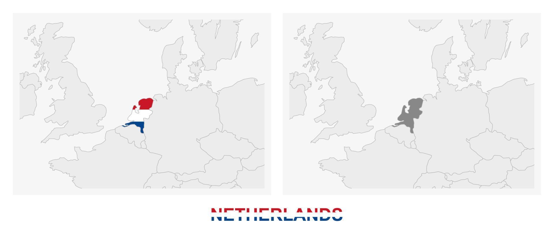 deux versions de la carte des pays-bas, avec le drapeau des pays-bas et surlignées en gris foncé. vecteur