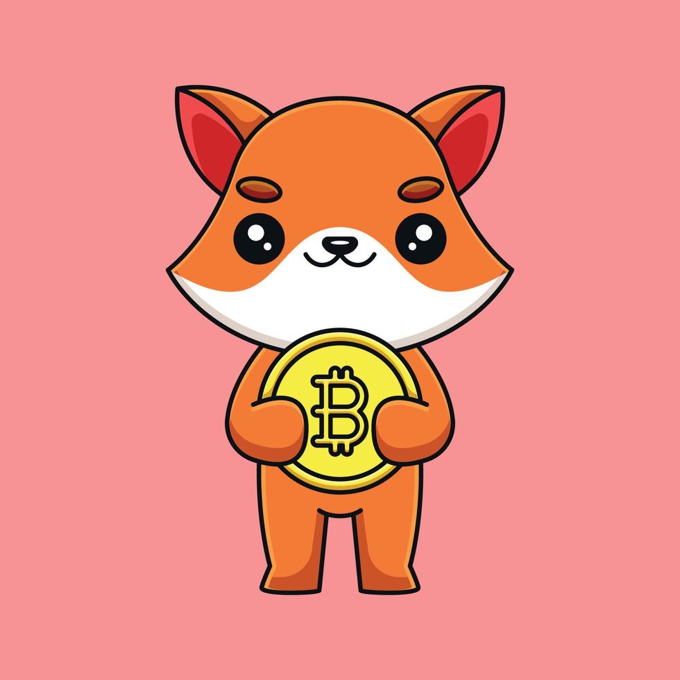 mignon renard tenant bitcoin dessin animé mascotte doodle art dessiné à la main contour concept vecteur kawaii icône illustration