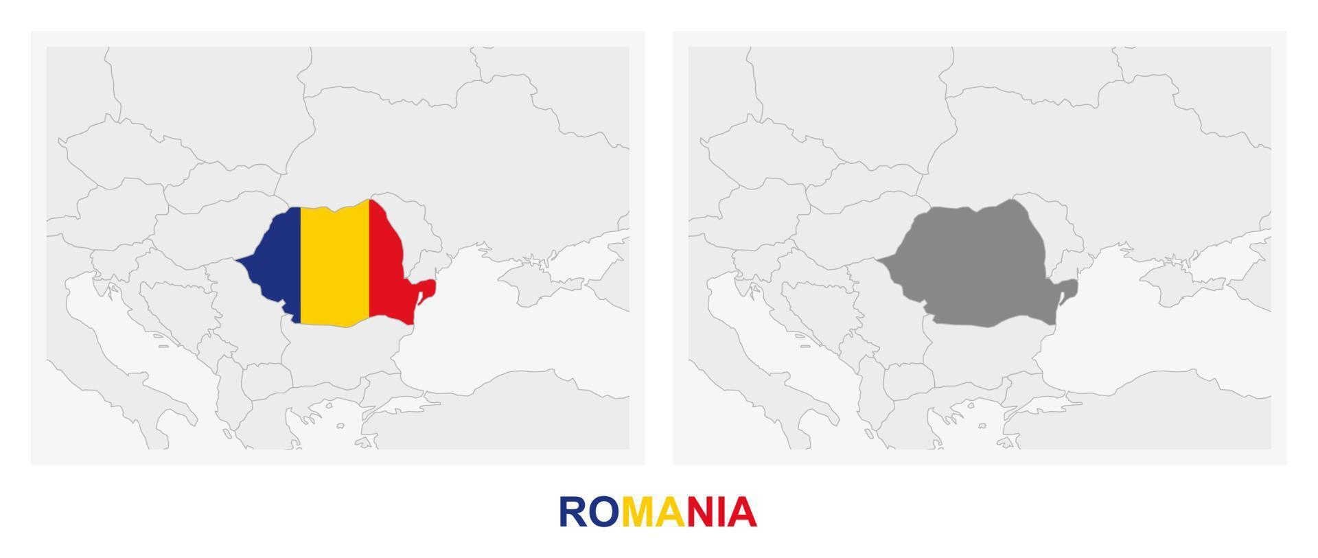 deux versions de la carte de la roumanie, avec le drapeau de la roumanie et surlignées en gris foncé. vecteur