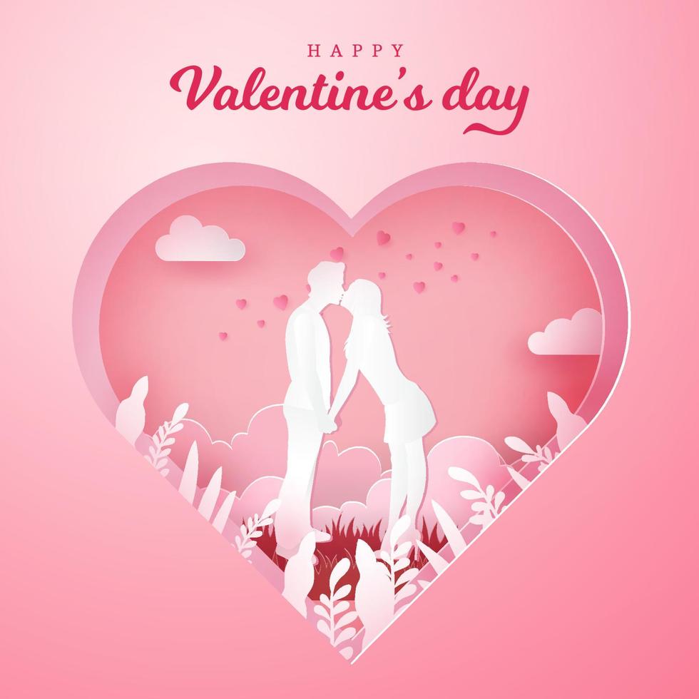 carte de voeux saint valentin. couple romantique s'embrassant et se tenant la main avec fond de coeur sculpté vecteur