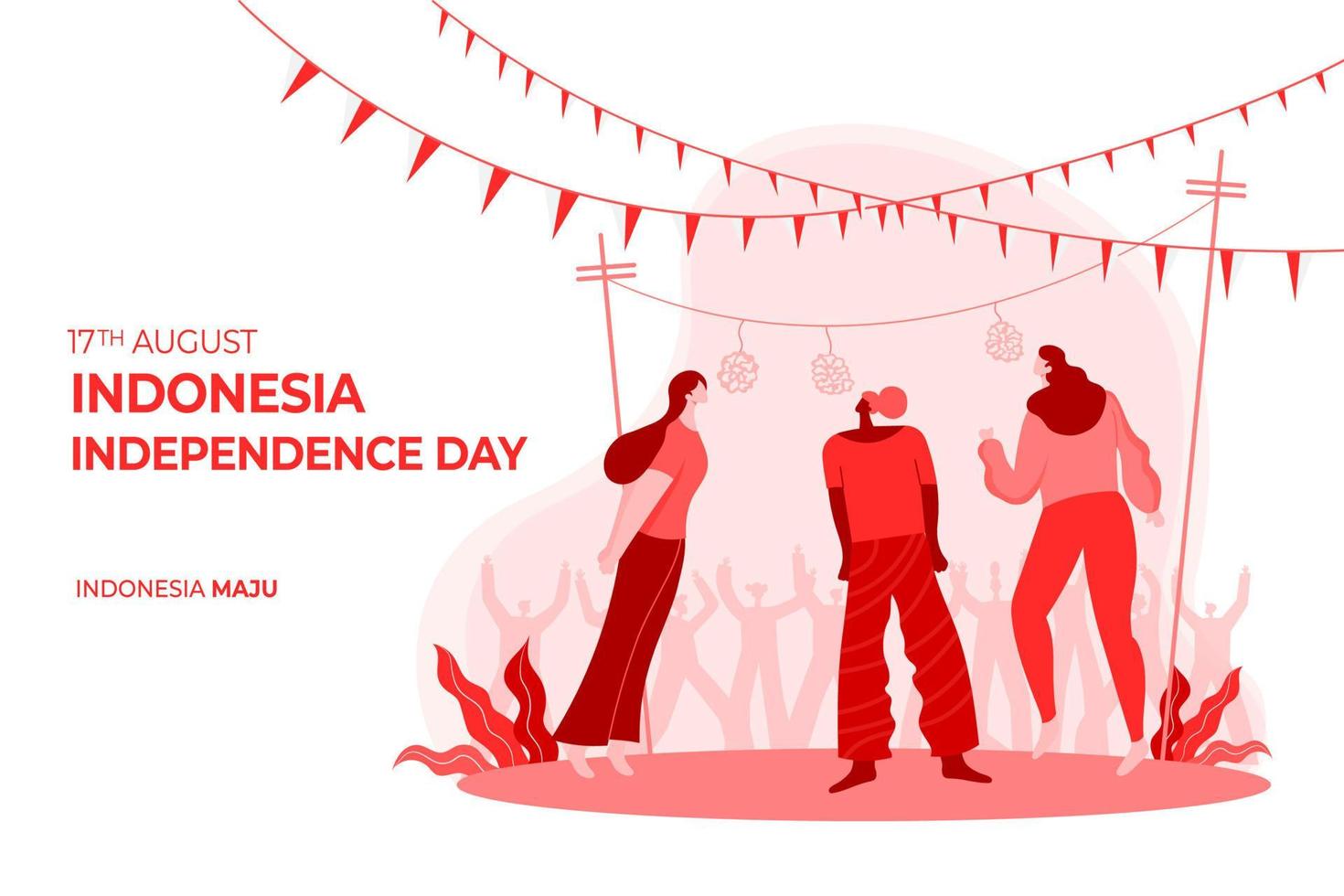 carte de voeux de la fête de l'indépendance de l'indonésie avec illustration de concept de jeux traditionnels vecteur