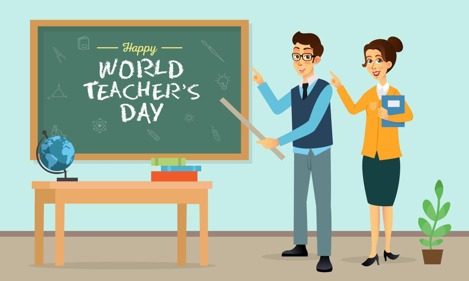 illustration de dessin animé de la journée mondiale des enseignants heureux. adapté à la carte de voeux, à l'affiche et à la bannière vecteur