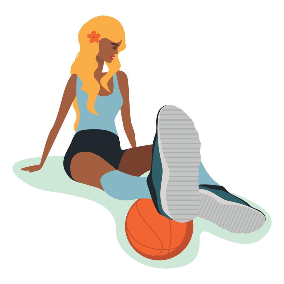 belle fille blonde est assise au repos après avoir fait du sport et joué au basket-ball valeball vecteur