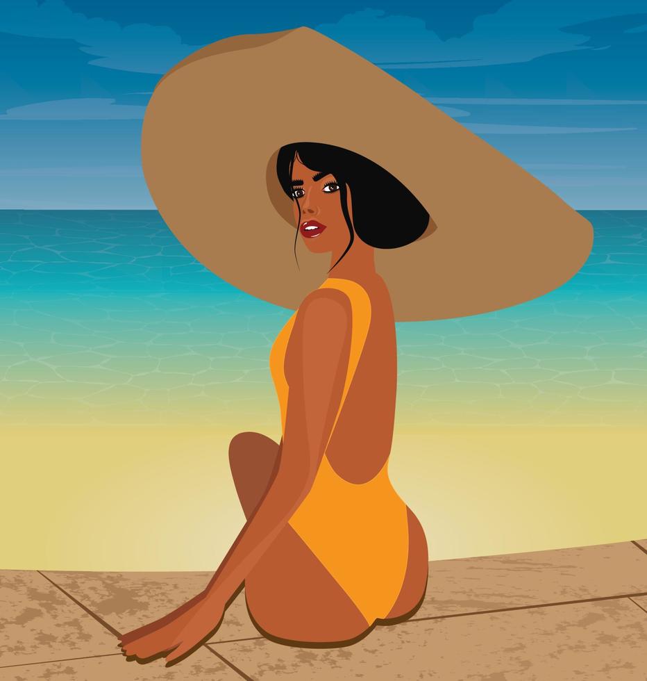 illustration numérique d'une fille d'été dans un grand chapeau sur la plage vecteur
