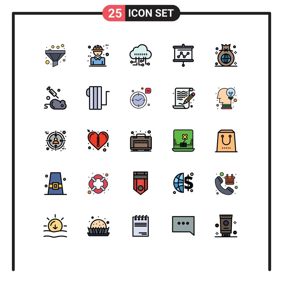interface mobile ligne remplie couleur plate ensemble de 25 pictogrammes d'éléments de conception vectorielle modifiables de graphique de projecteur de données de sac de finances vecteur