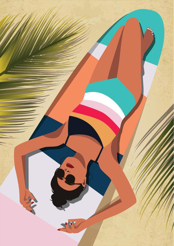 illustration numérique d'une fille en vacances en été prenant un bain de soleil sur une planche de surf et posant pour une photo vecteur