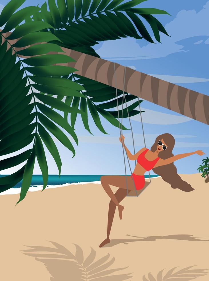 fille en vacances sur la plage se balançant sur une balançoire sous un palmier vecteur
