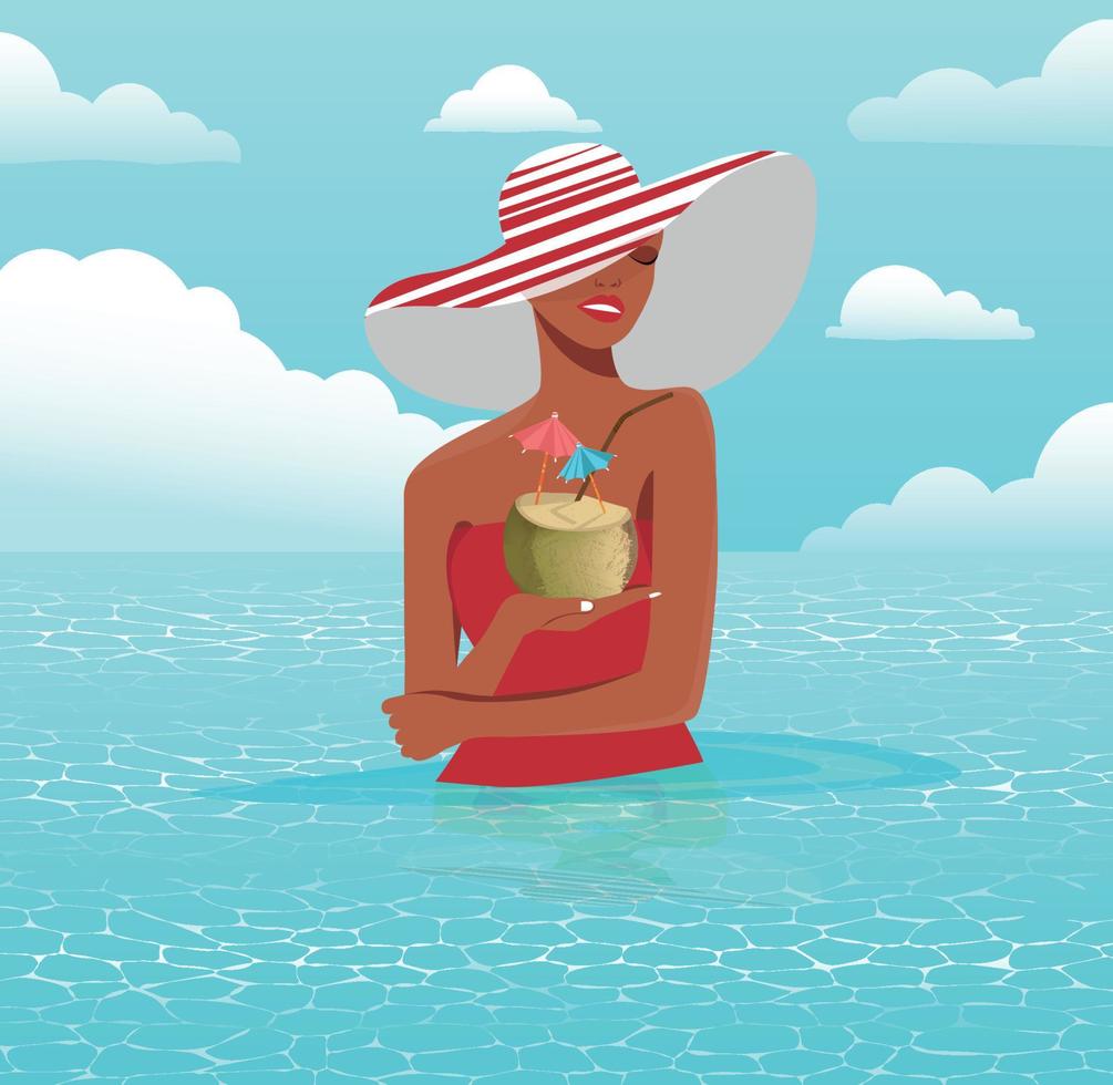 illustration numérique d'une fille dans un chapeau et un maillot de bain rouge avec une noix de coco dans ses mains posant dans la mer de l'océan pendant les vacances d'été vecteur