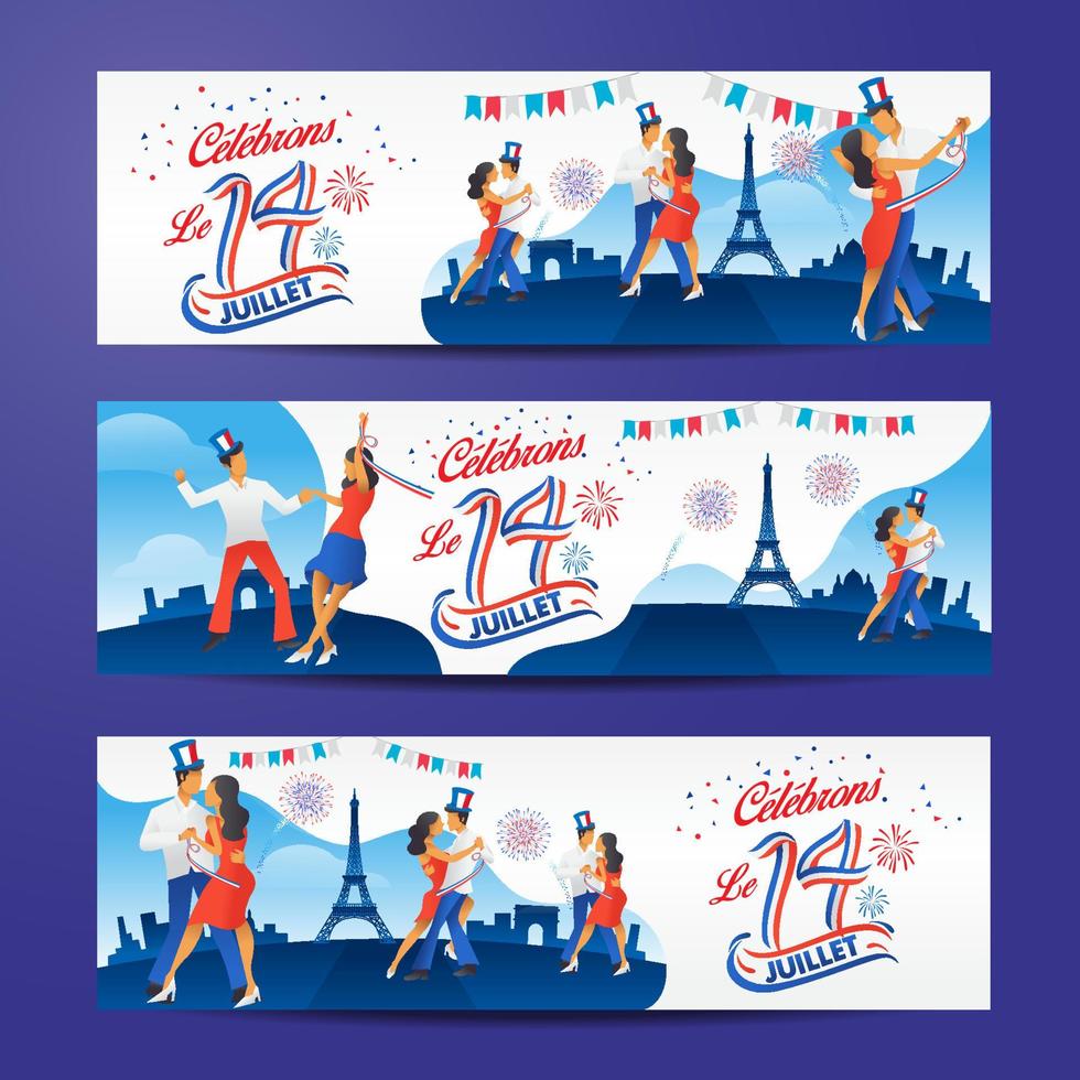 ensemble de bannières du jour de la bastille avec danse, fêtes et feu d'artifice. le 14 juillet français traduction du 14 juillet fête nationale française vecteur