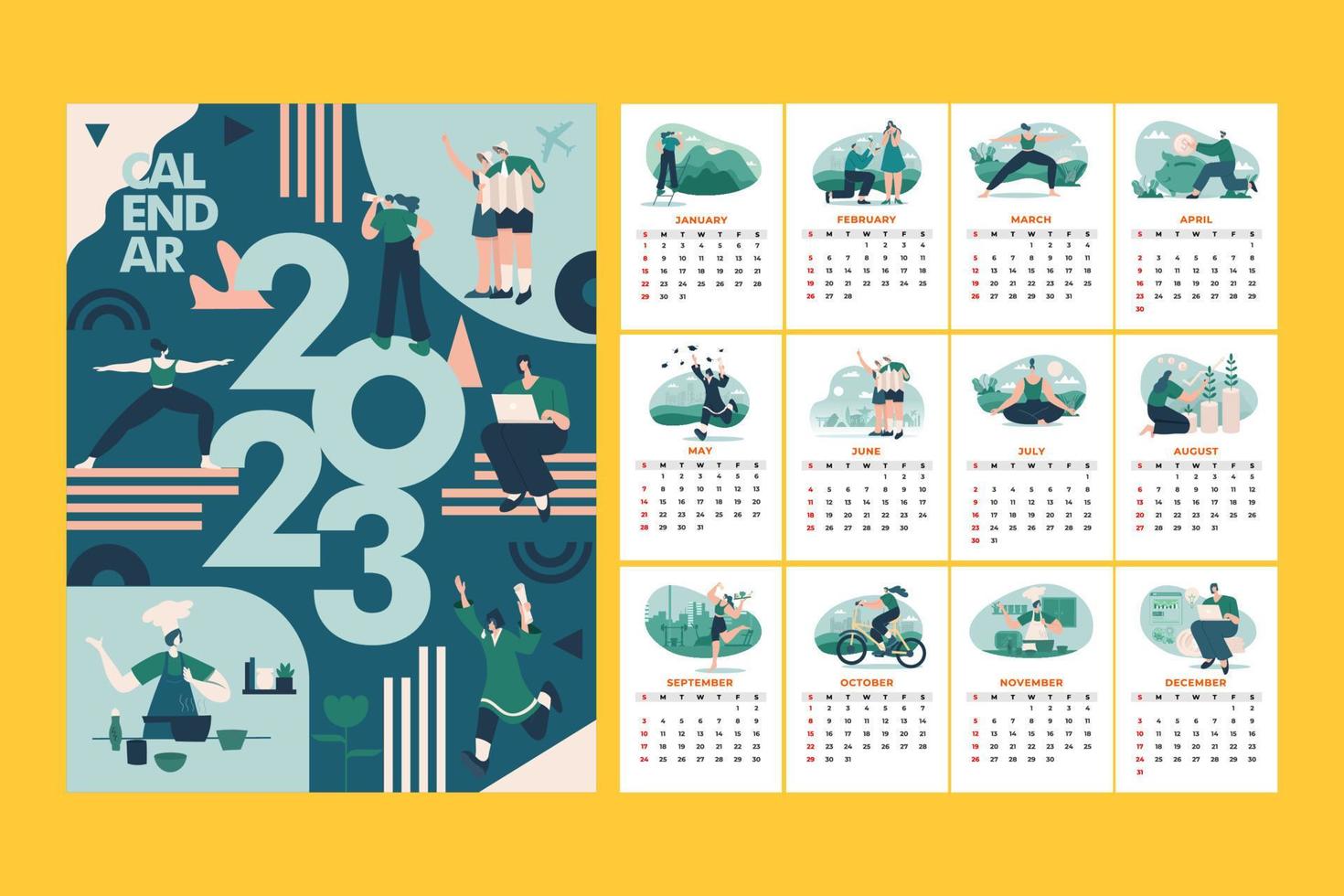 calendrier mensuel 2023 moderne et stylisé avec illustration du concept objectifs et résolutions 2023 vecteur