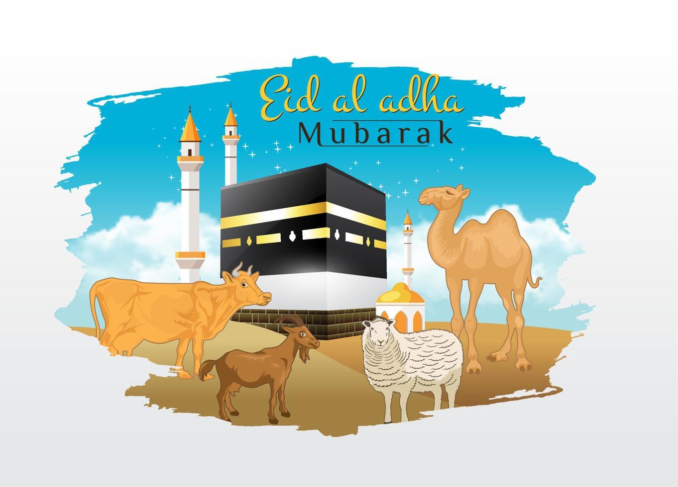 carte de voeux eid al adha avec chèvre, mouton, vache, chameau avec kaaba en arrière-plan vecteur