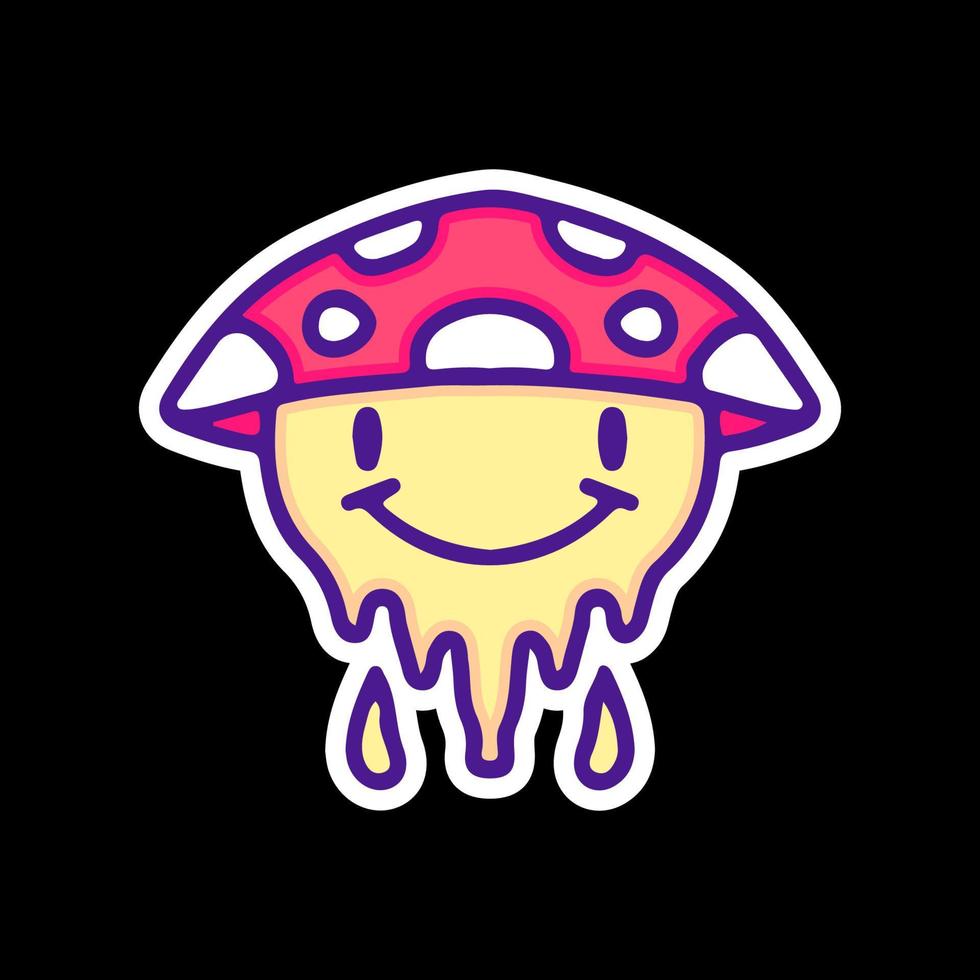 visage emoji sourire déformé avec illustration de chapeau de champignon, avec un style pop doux et des dessins de dessins animés de style ancien des années 90. oeuvre d'art pour vêtements de rue, t-shirt, patchworks. vecteur