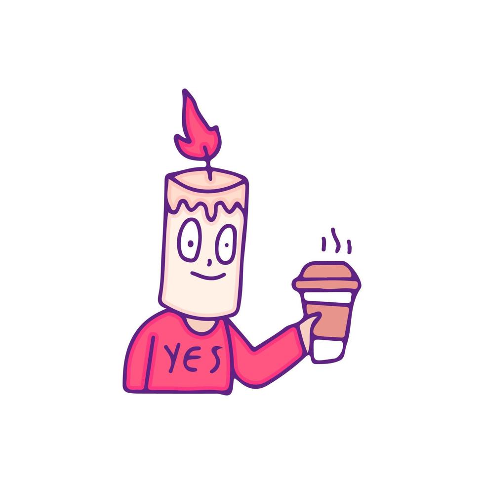 un homme aux chandelles cool boit une tasse de café, une illustration pour un t-shirt, un autocollant ou une marchandise vestimentaire. avec un style doodle, rétro et dessin animé. vecteur