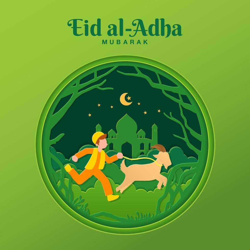 illustration de concept de carte de voeux eid al-adha dans un style papier découpé avec un garçon musulman apporter une chèvre pour le sacrifice vecteur