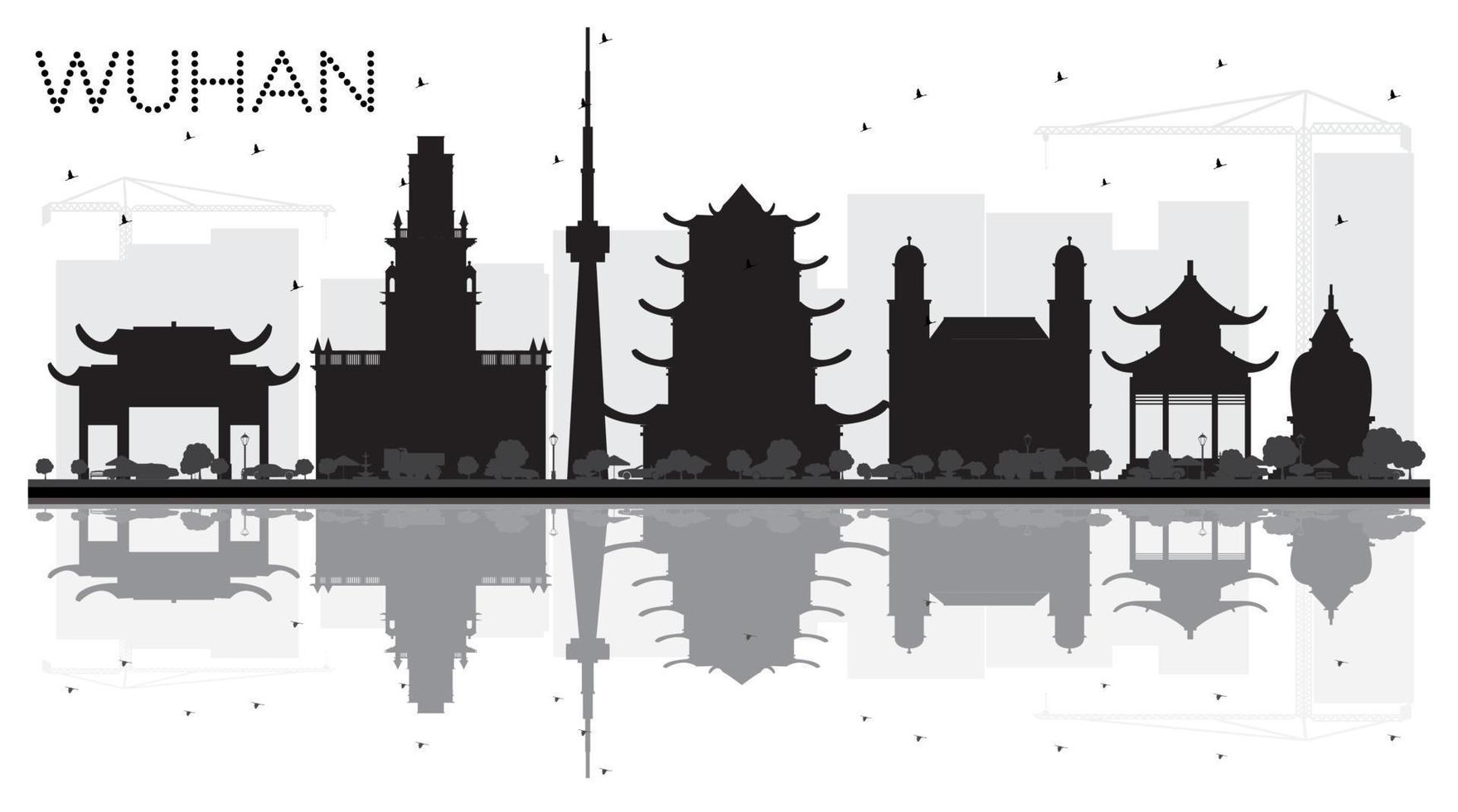 wuhan china city skyline silhouette noire et blanche avec des reflets. vecteur