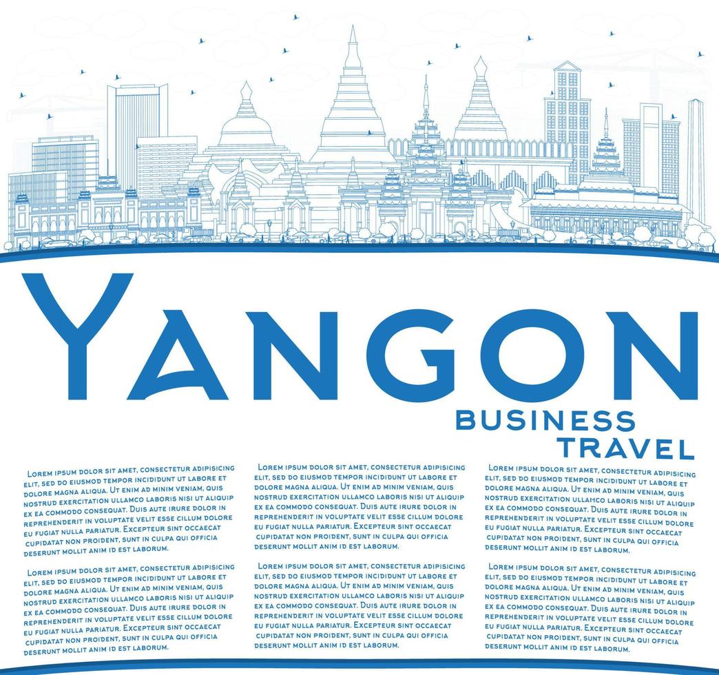 décrivez l'horizon de yangon avec des bâtiments bleus et copiez l'espace. vecteur