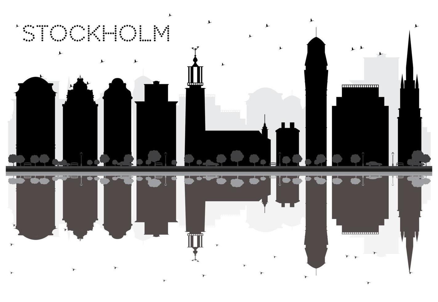 silhouette noir et blanc sur les toits de la ville de stockholm avec des reflets. vecteur