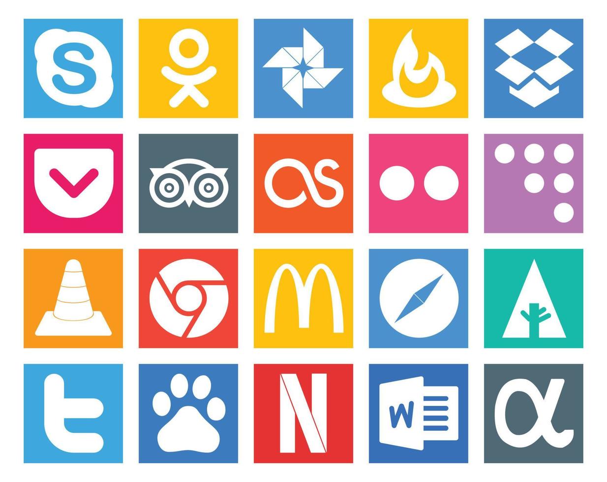 pack de 20 icônes de médias sociaux, y compris safari chrome travel player vlc vecteur
