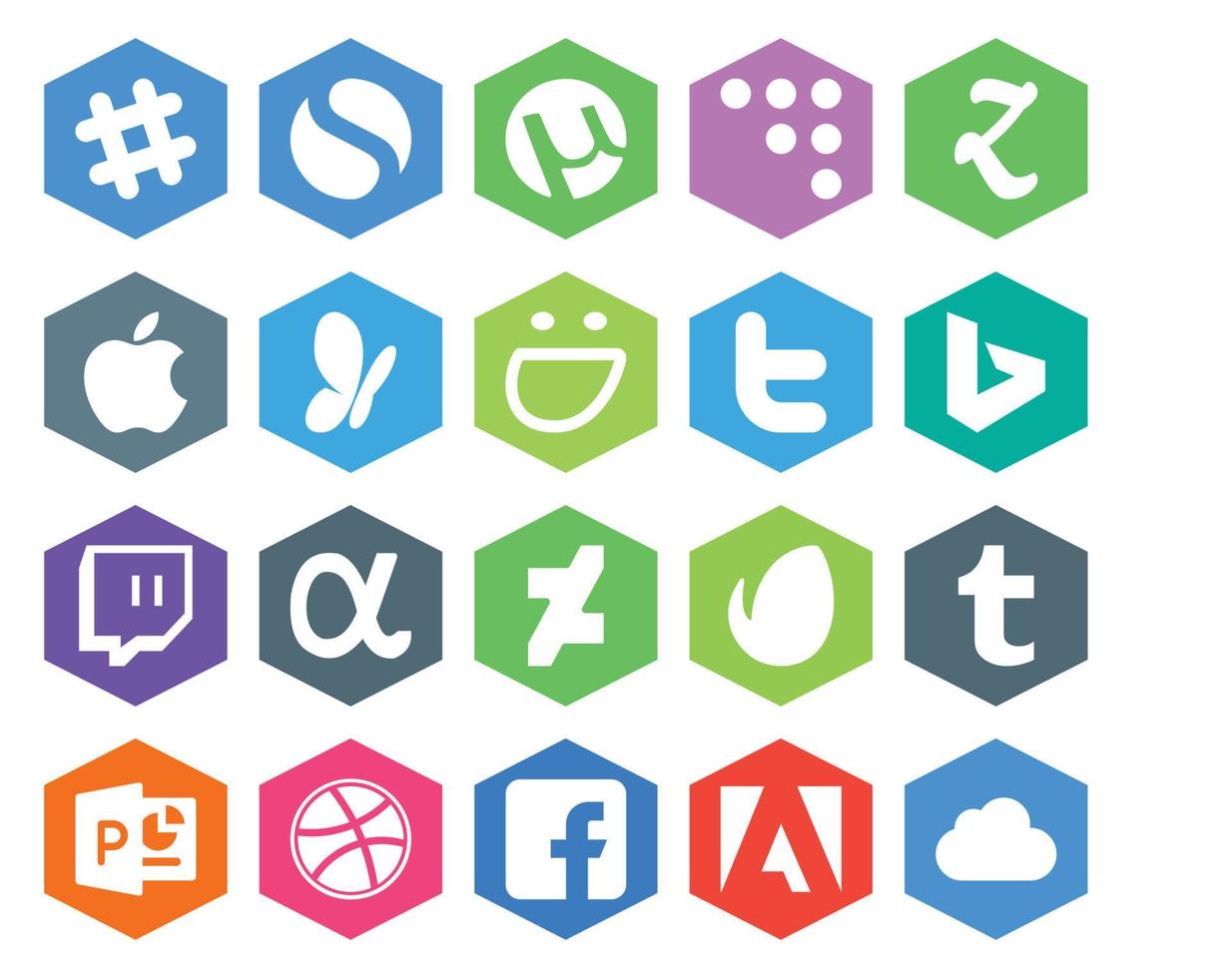 pack de 20 icônes de médias sociaux, y compris powerpoint envato smugmug deviantart twitch vecteur