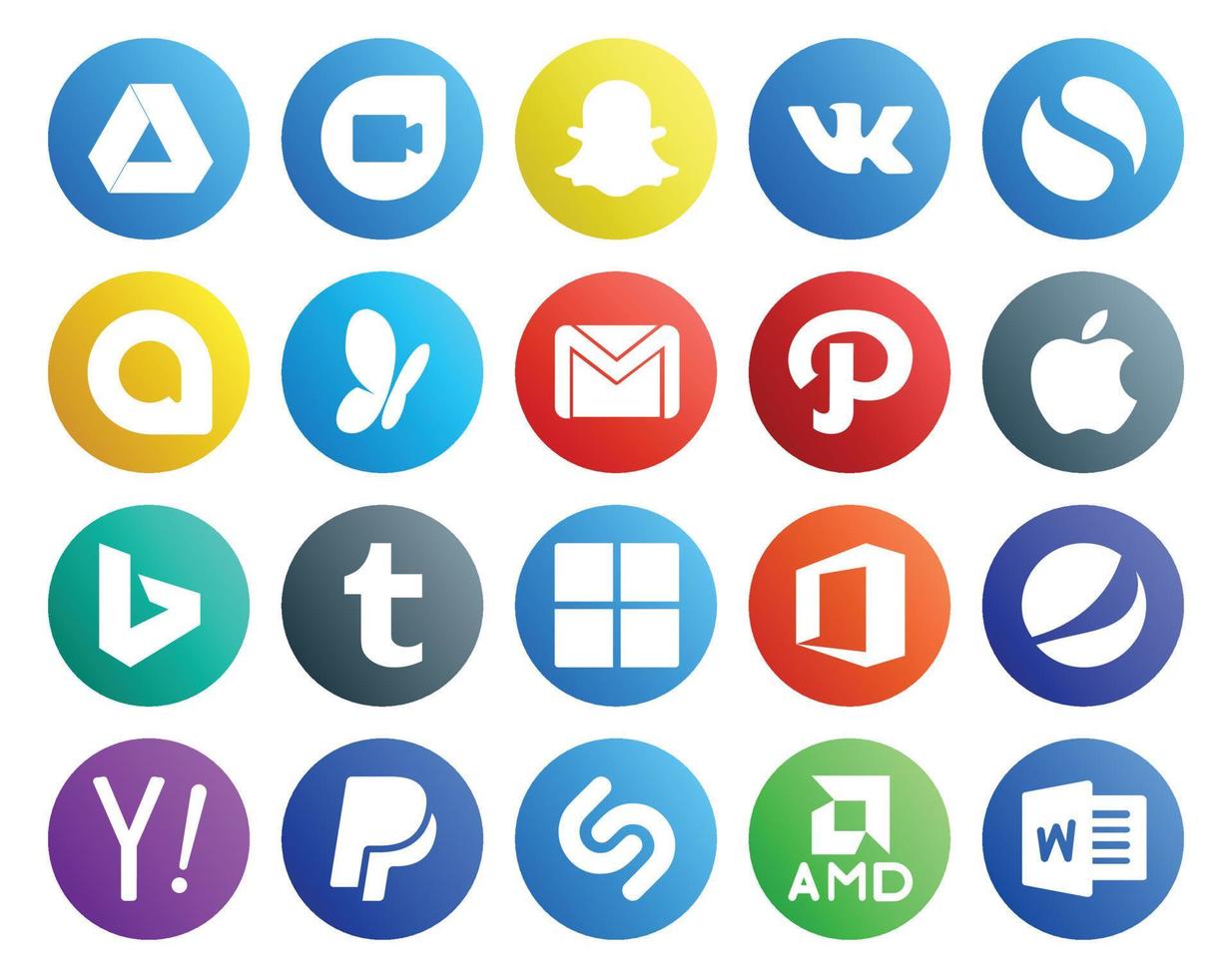 pack de 20 icônes de médias sociaux, y compris yahoo office email microsoft bing vecteur