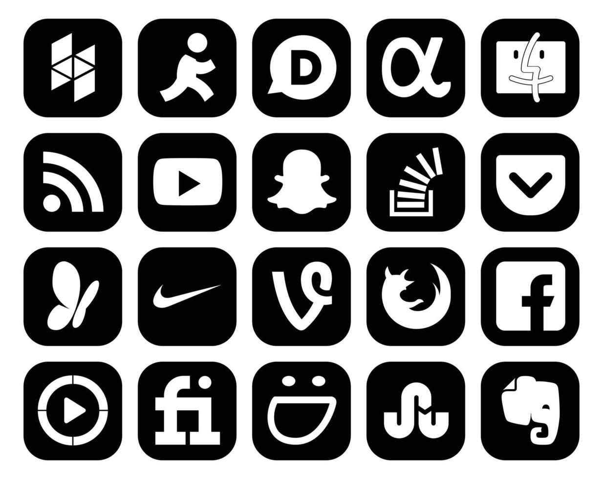 pack de 20 icônes de médias sociaux, y compris firefox nike snapchat msn overflow vecteur